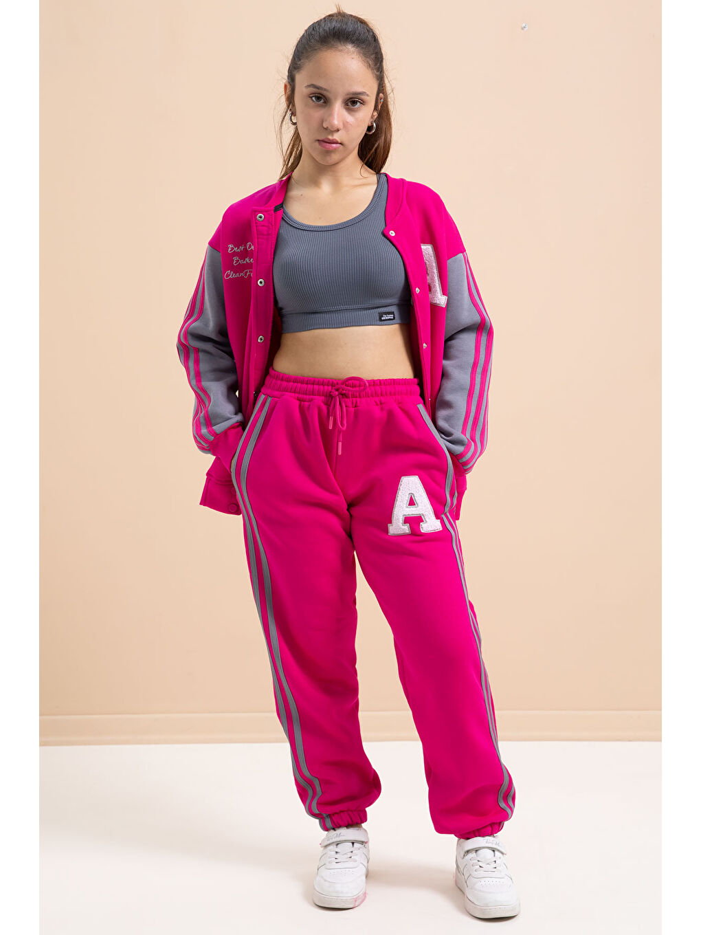 Fuşya Yazılı Kolej Ceketli Kız Çocuk Şeritli 3 İplik Şardonlu Eşofman Takımı 21297-4