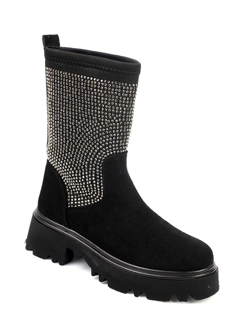 Siyah Yuvarlak Burunlu Taşlı Trak Taban Kadın Bot-3