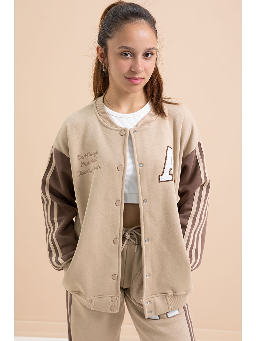 Bej Yazılı Kolej Ceketli Kız Çocuk Şeritli 3 İplik Şardonlu Eşofman Takımı 21298
