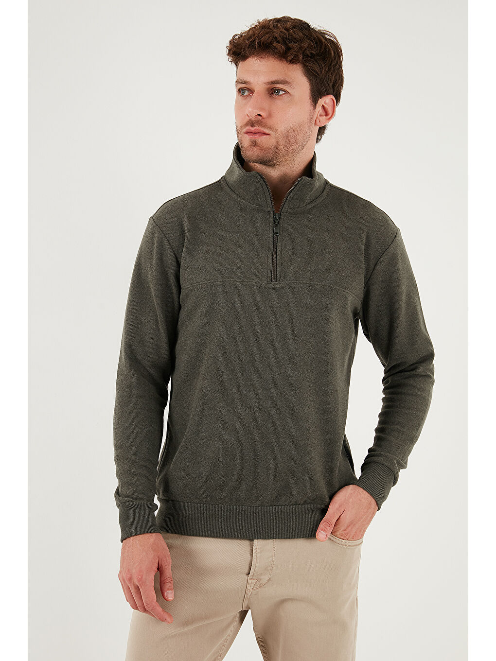 Bej Pamuklu Regular Fit Yarım Fermuarlı Dik Yaka 2'li Paket Kazak 456112S2-1