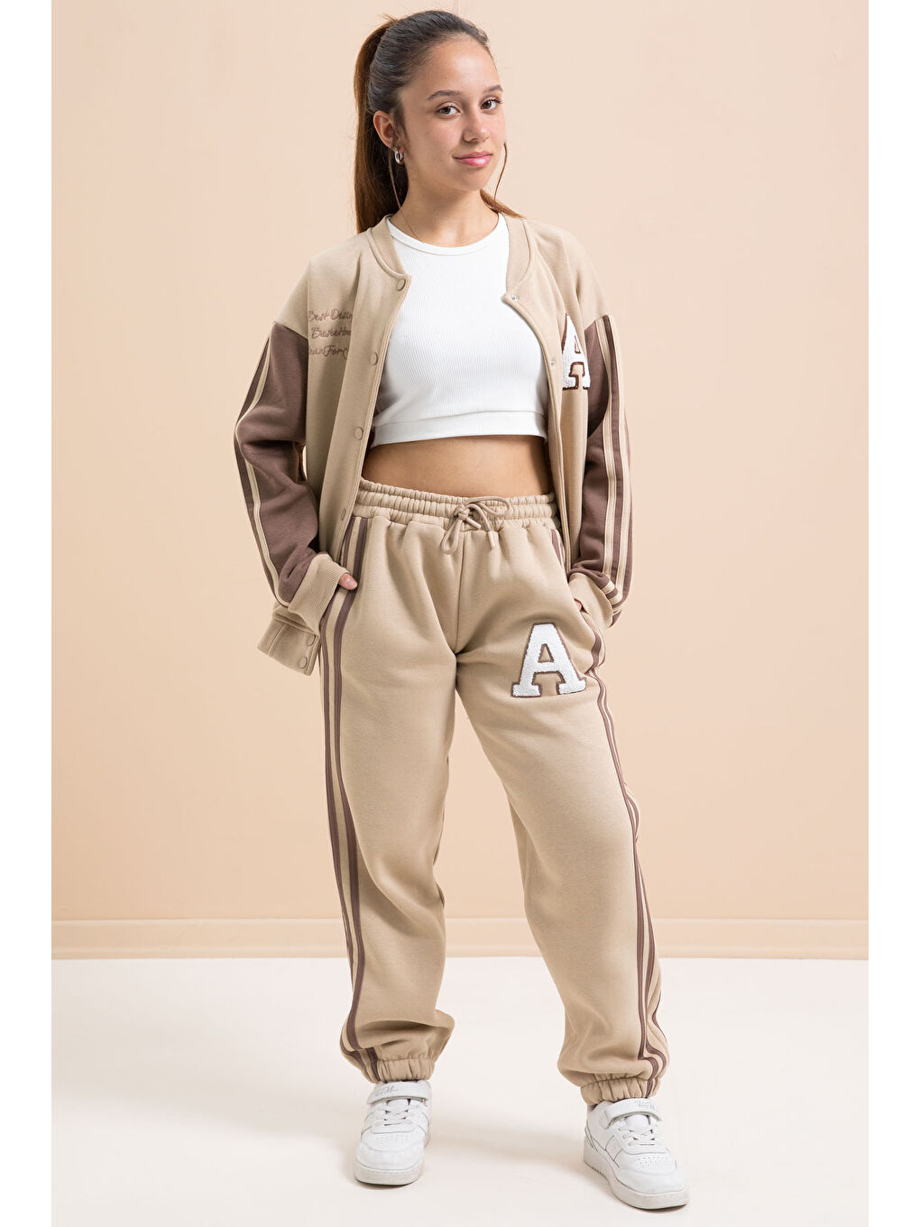 Bej Yazılı Kolej Ceketli Kız Çocuk Şeritli 3 İplik Şardonlu Eşofman Takımı 21298-4