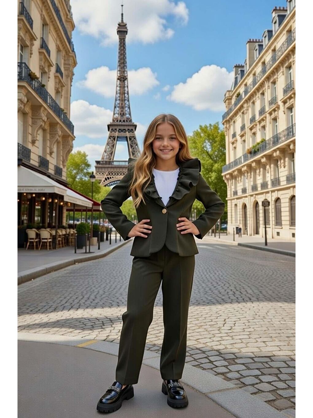 Kız Çocuk Asimetrik Kesim Fırfırlı Yaka Kloş Ceket Haki Alt Üst Takım