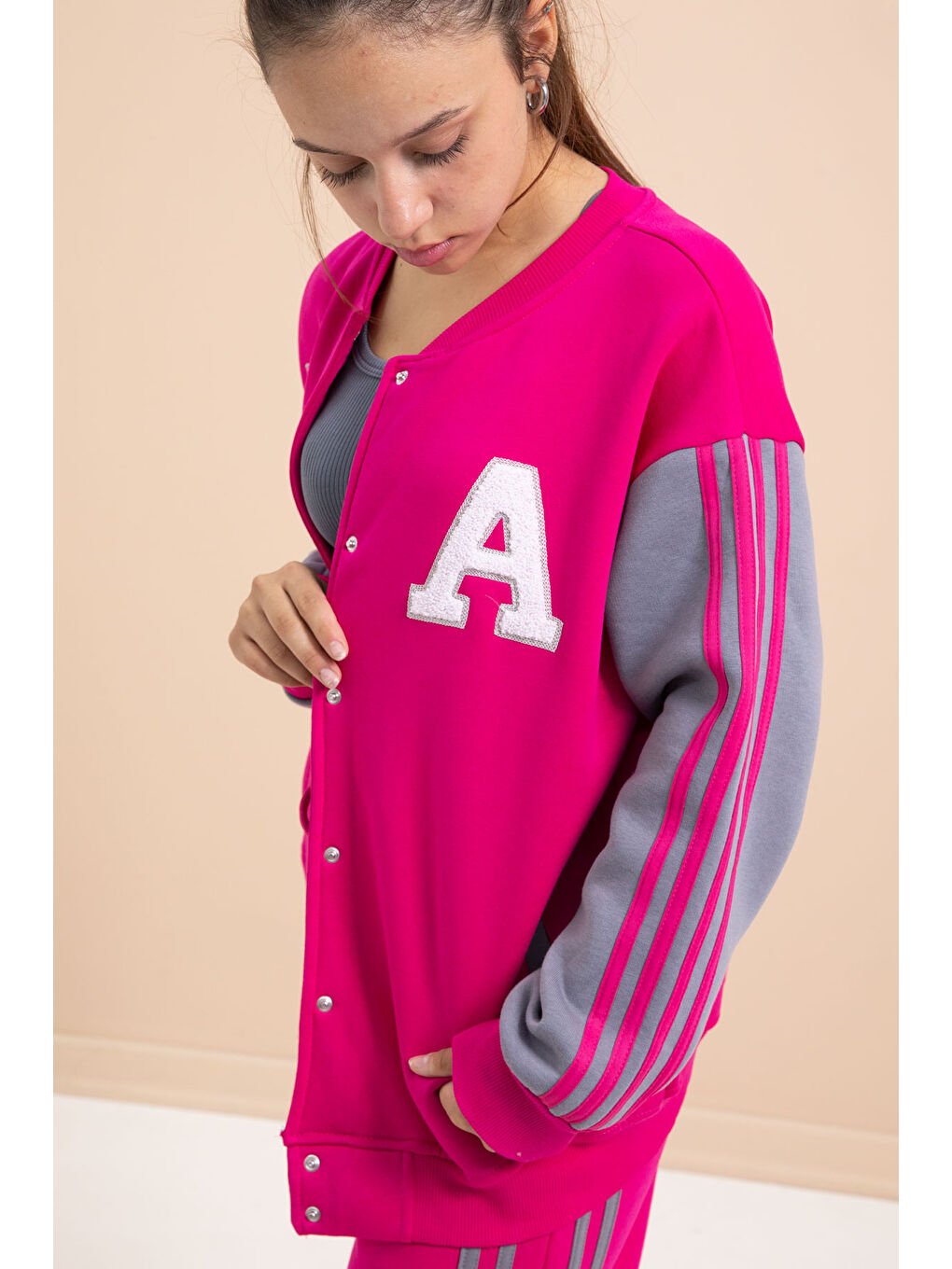 Fuşya Yazılı Kolej Ceketli Kız Çocuk Şeritli 3 İplik Şardonlu Eşofman Takımı 21297-1