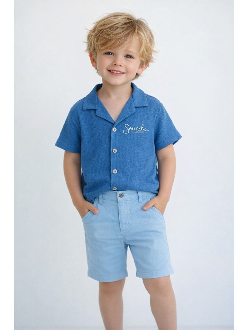 Mavi Tarz Gömlekli Belden Ayarlanabilir Kısa Kollu Şortlu 2'li Takım