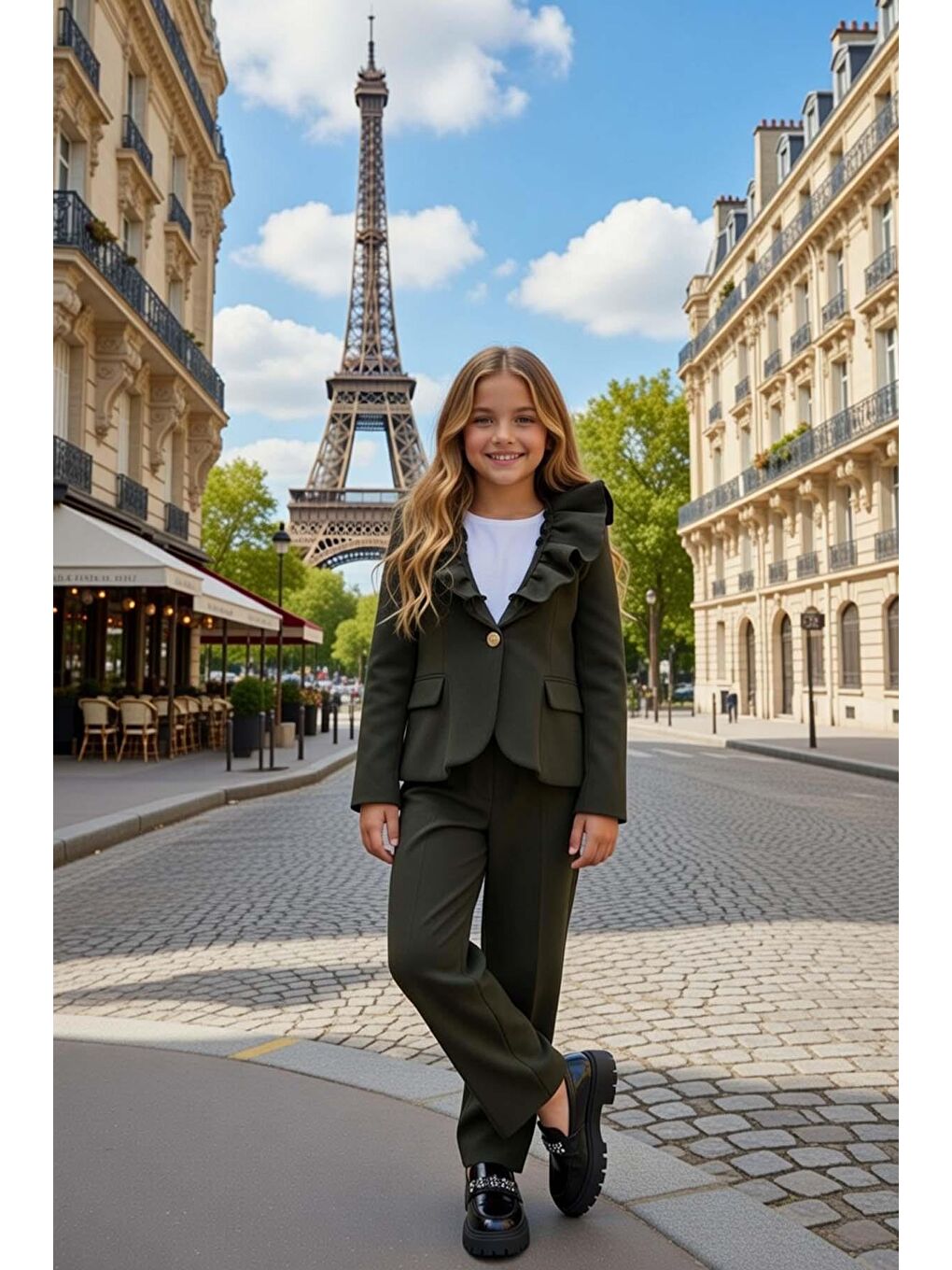 Kız Çocuk Asimetrik Kesim Fırfırlı Yaka Kloş Ceket Haki Alt Üst Takım-1