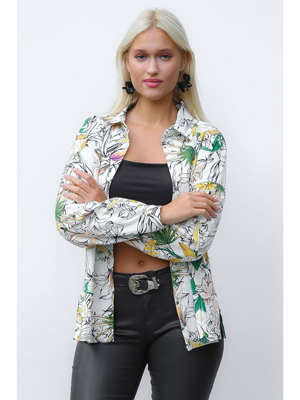 Beyaz Gömlek Yaka Uzun Kol Çiçekli Düğmeli Oversize Casual Pamuk Dokuma Gömlek Ceket-6