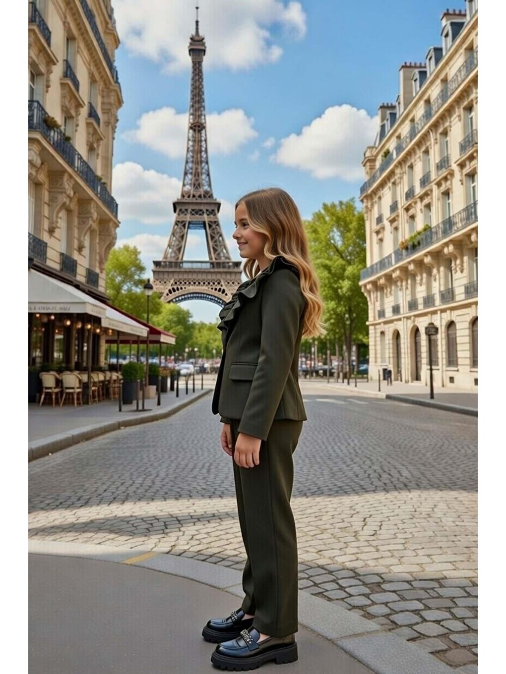 Kız Çocuk Asimetrik Kesim Fırfırlı Yaka Kloş Ceket Haki Alt Üst Takım-2