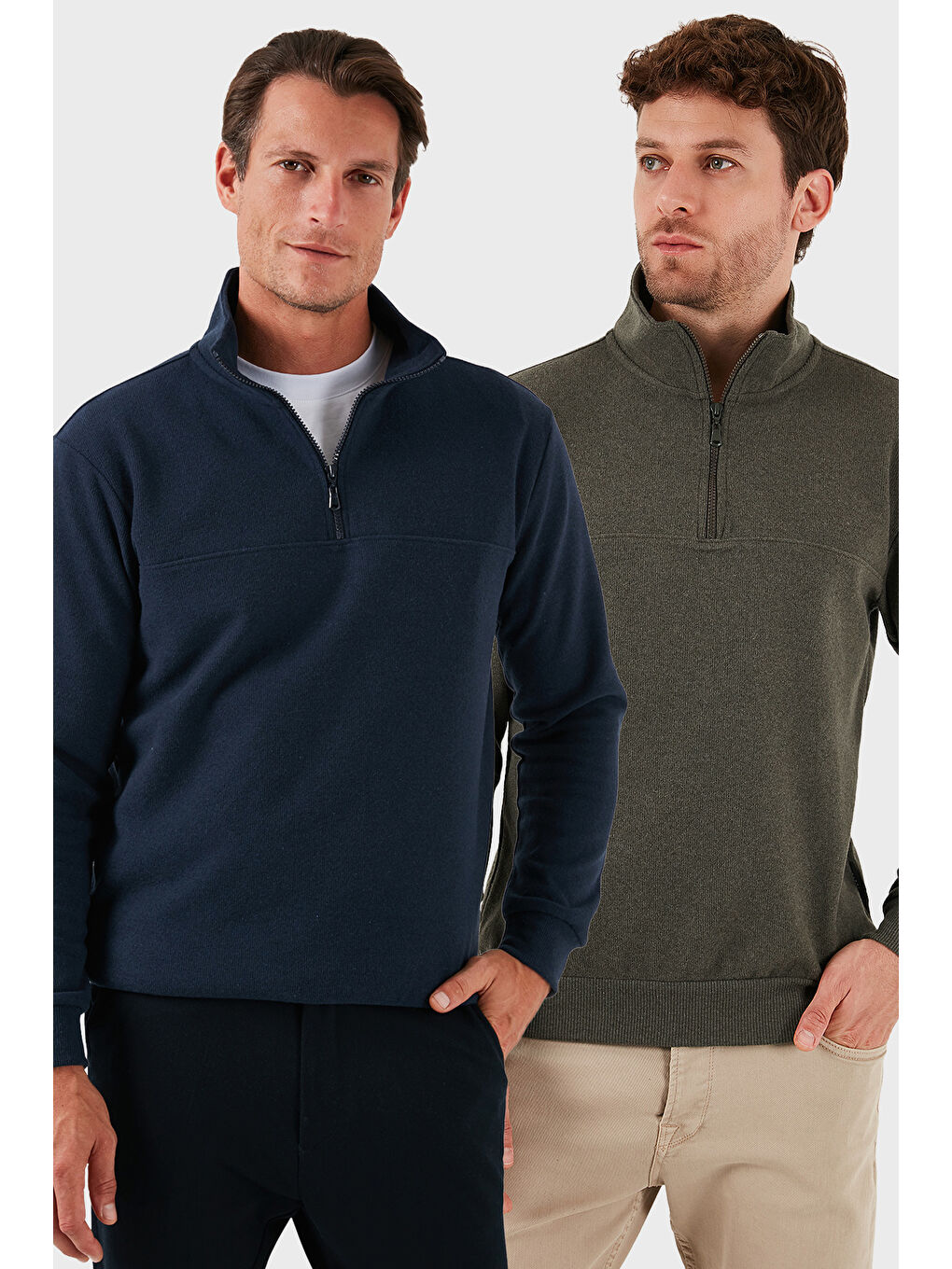 Haki Pamuklu Regular Fit Yarım Fermuarlı Dik Yaka 2'li Paket Kazak 456112S2