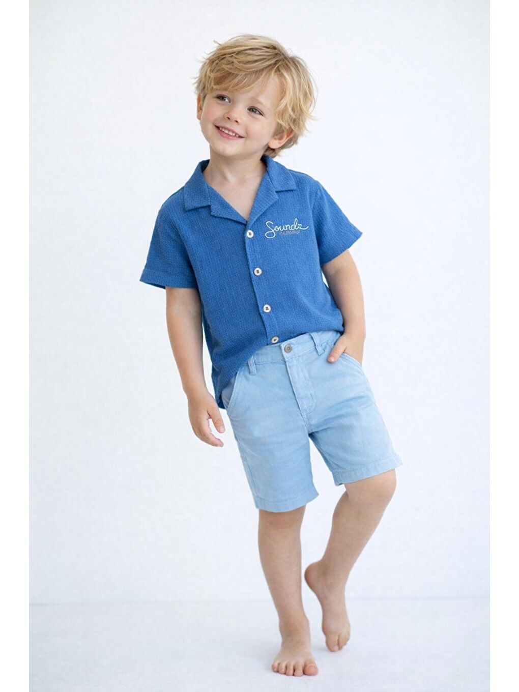 Mavi Tarz Gömlekli Belden Ayarlanabilir Kısa Kollu Şortlu 2'li Takım-1