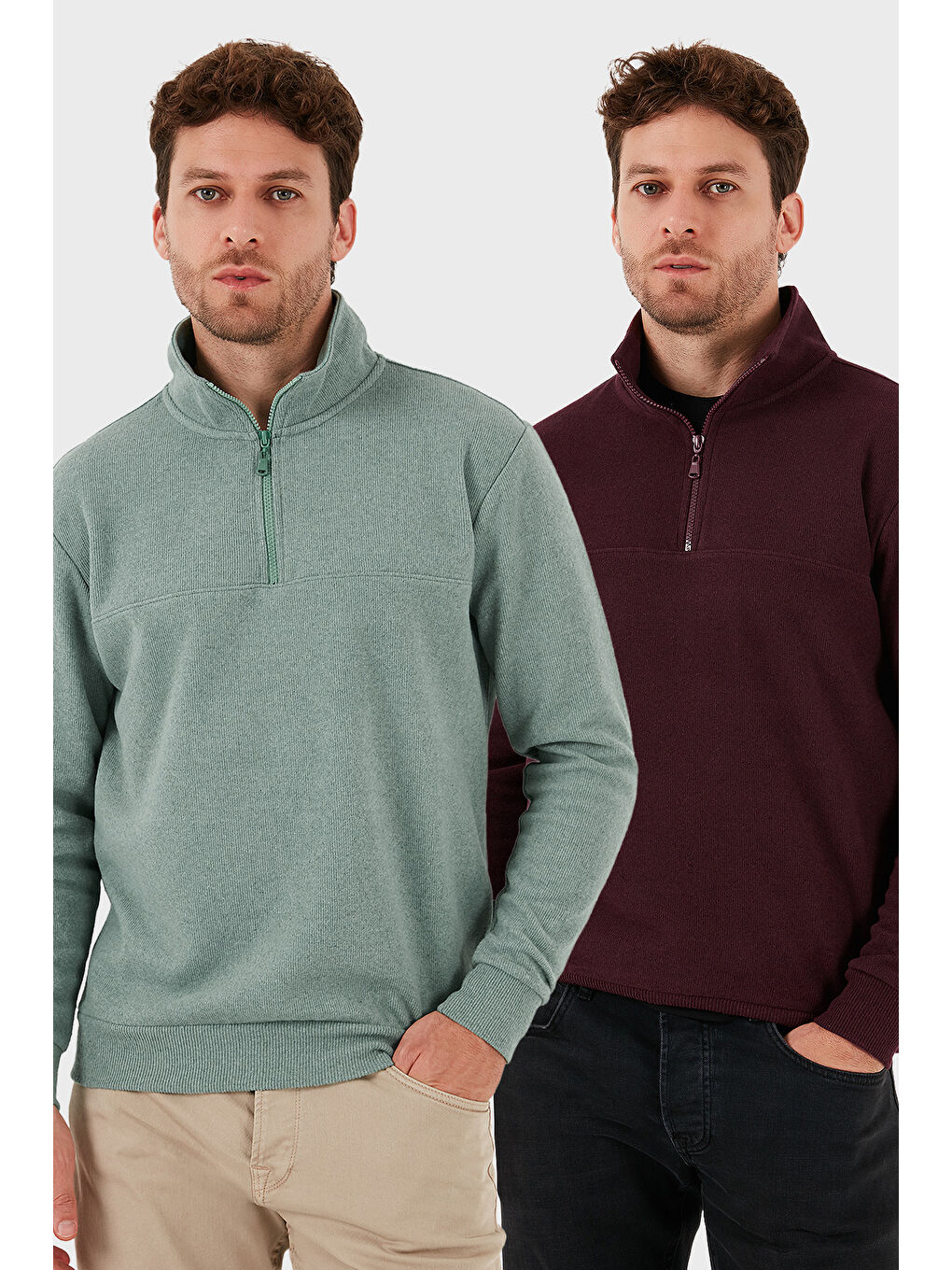 Yeşil Pamuklu Regular Fit Yarım Fermuarlı Dik Yaka 2'li Paket Kazak 456112S2