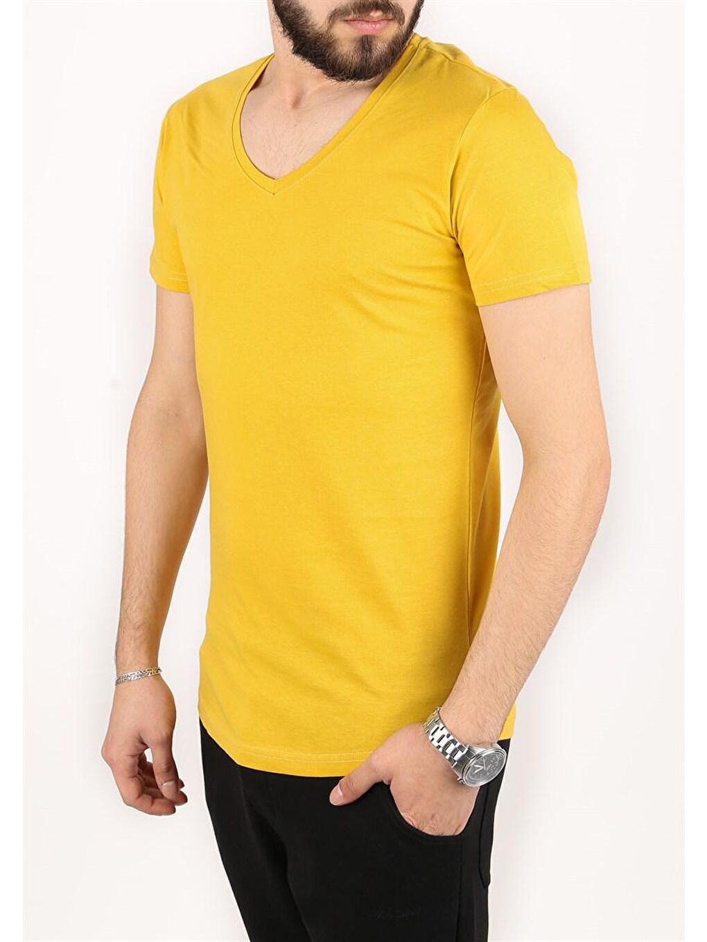 V-Yaka Hardal Sarısı Tişört 2309