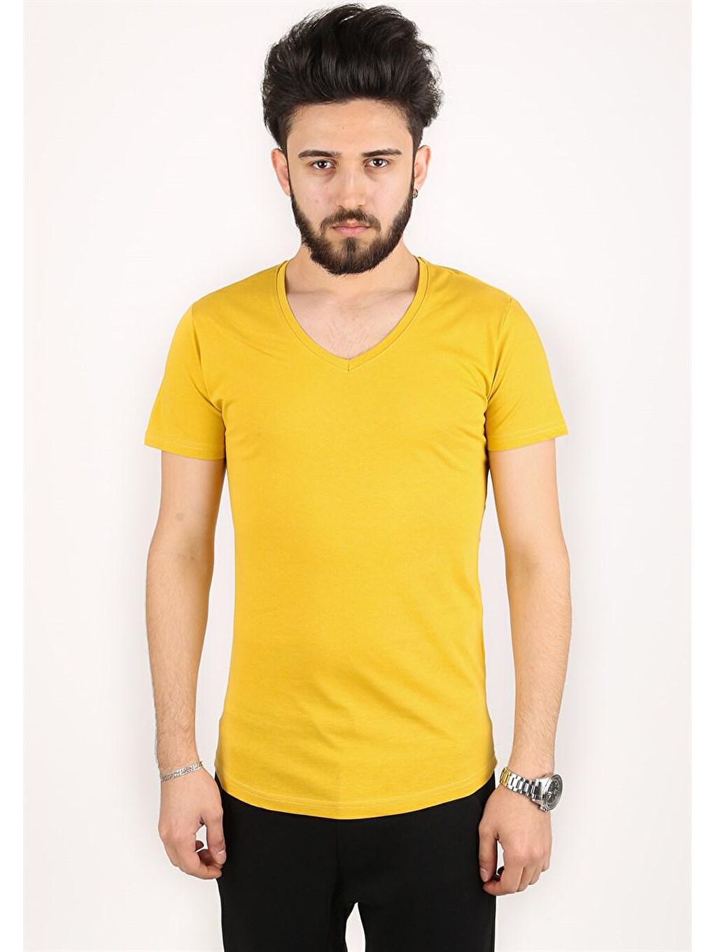 V-Yaka Hardal Sarısı Tişört 2309-1