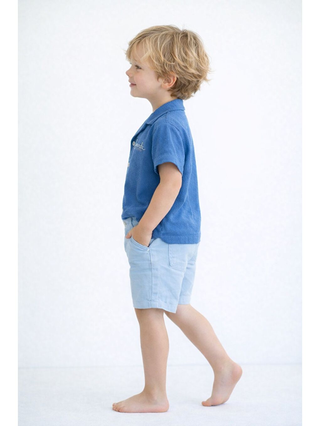 Mavi Tarz Gömlekli Belden Ayarlanabilir Kısa Kollu Şortlu 2'li Takım-2