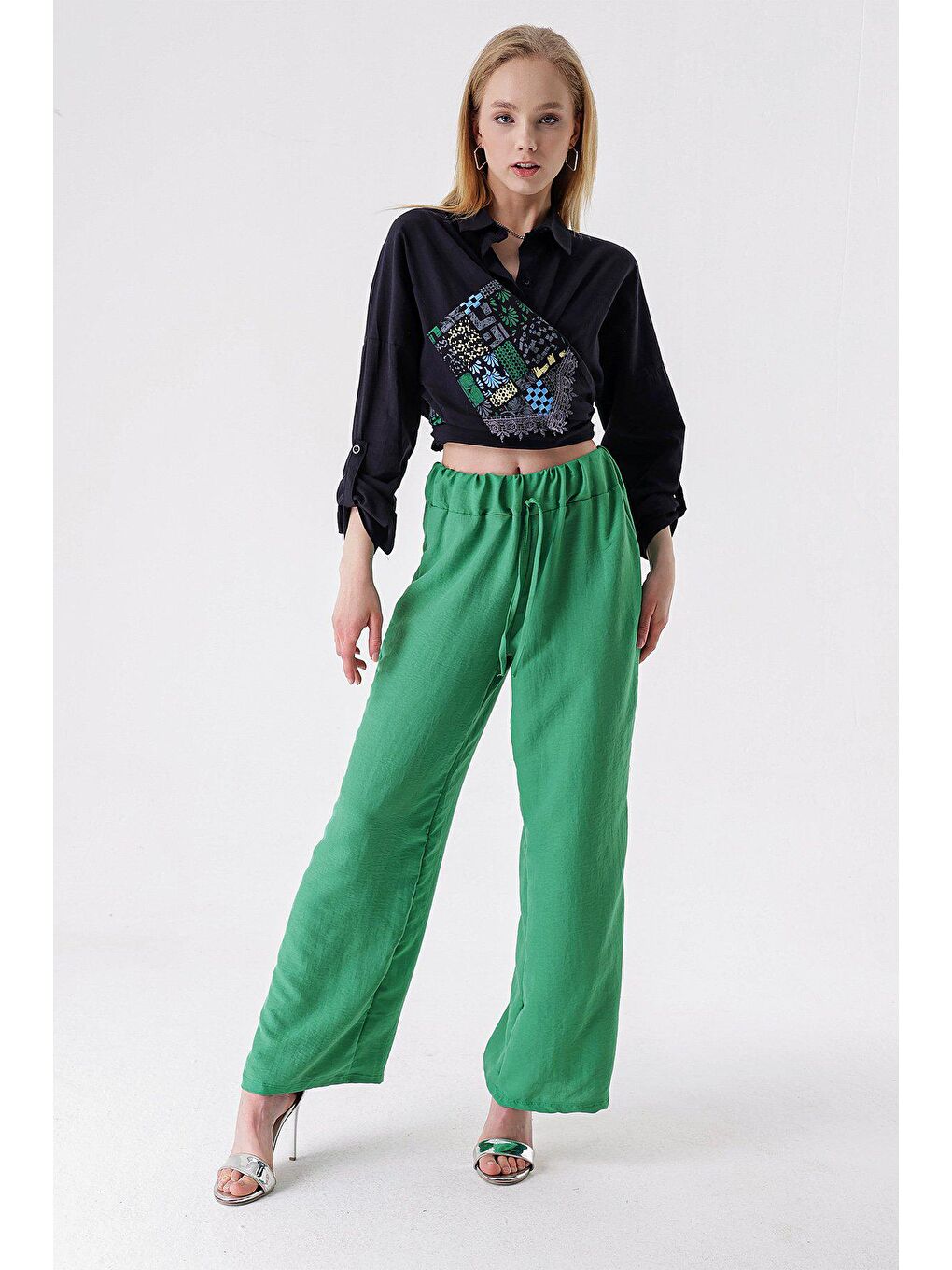 Yeşil Beli Lastikli Palazzo Ayrobin Pantolon-1