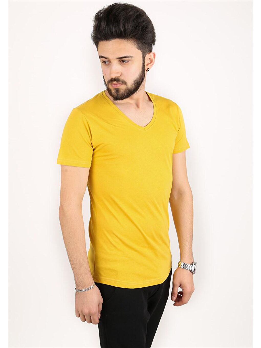V-Yaka Hardal Sarısı Tişört 2309-3