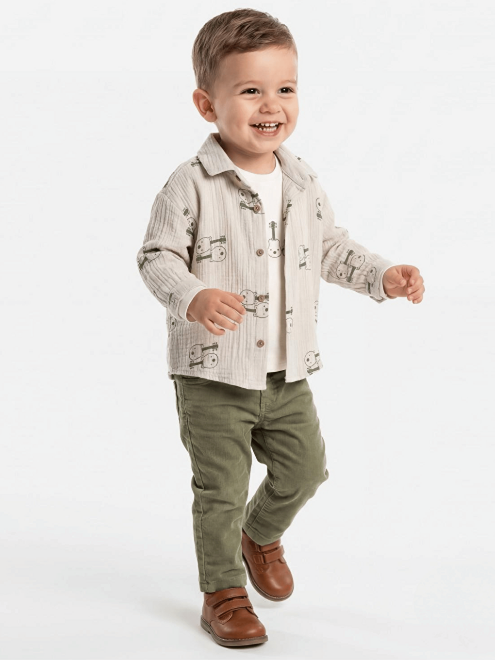 Yeşil Müslin Gömlek Pantolon Uzun Kollu Tişört Erkek Bebek 3'lü Takım