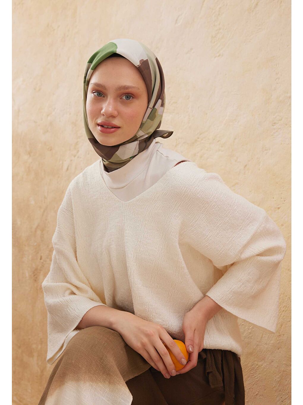 Color Brush Desen Pamuk İpek Eşarp Yeşil-1