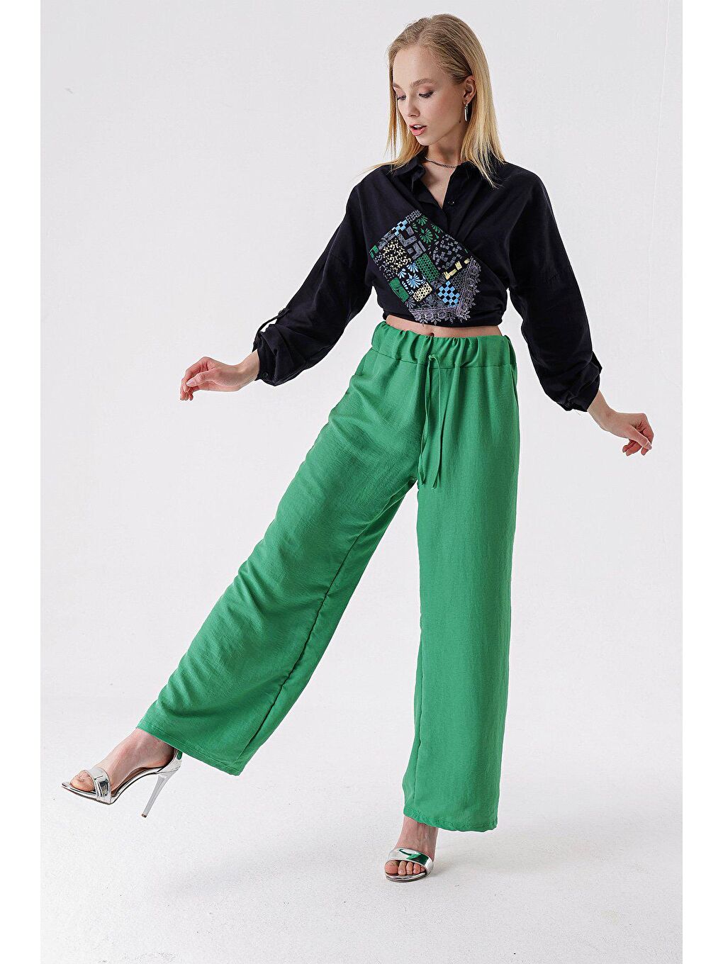 Yeşil Beli Lastikli Palazzo Ayrobin Pantolon-2