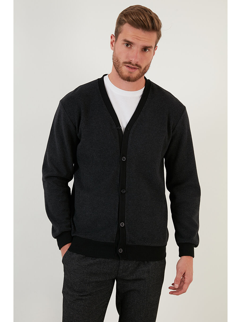 Antrasit Pamuklu Regular Fit Düğmeli V Yaka 2'li Paket Hırka 456205S2-1