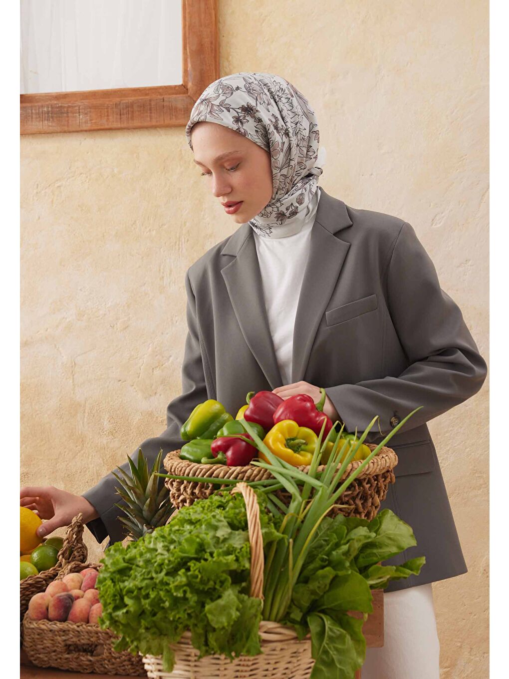 Kahverengi Aster Desen Pamuk İpek Eşarp Soft Kahve-1