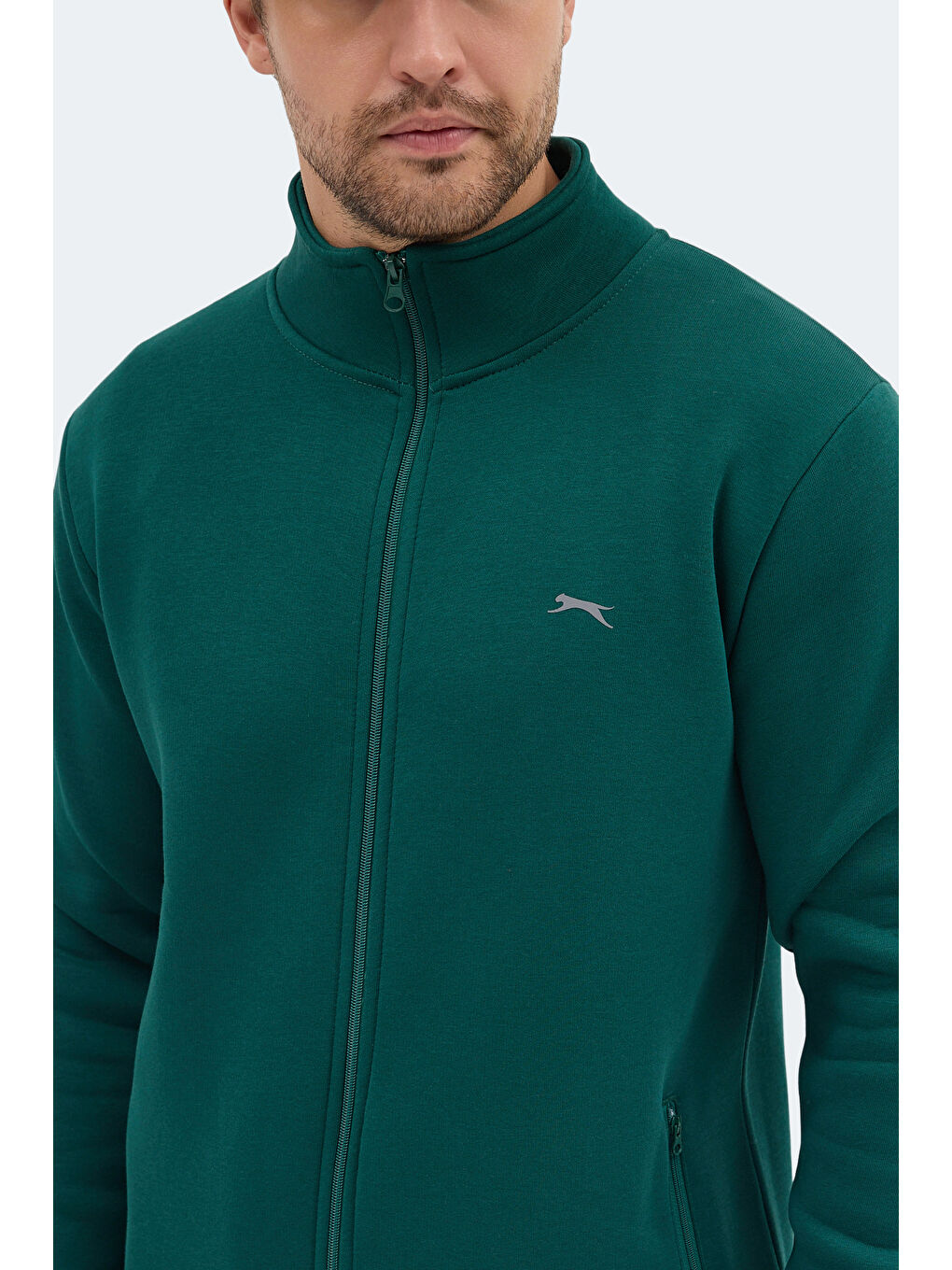 MENDOZA I Erkek Fermuarlı Dik Yaka Cepli Koyu Yeşil Sweatshırt-1