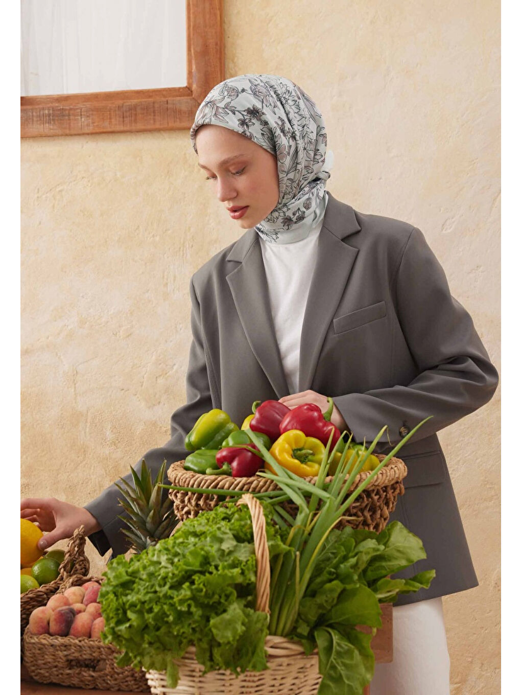 Kahverengi Aster Desen Pamuk İpek Eşarp Soft Kahve-4