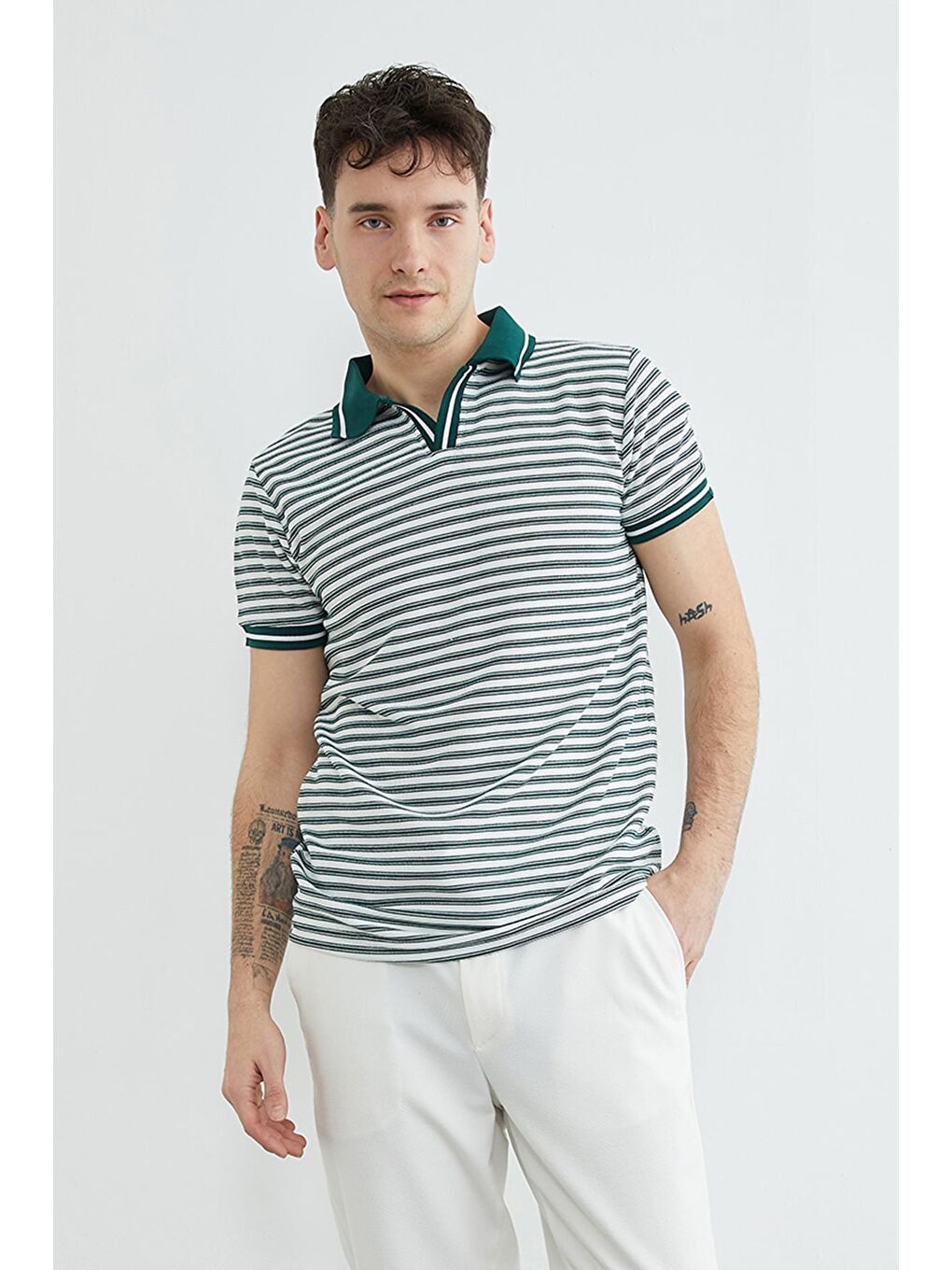 Yeşil Çizgili Polo Yaka Tişört-2