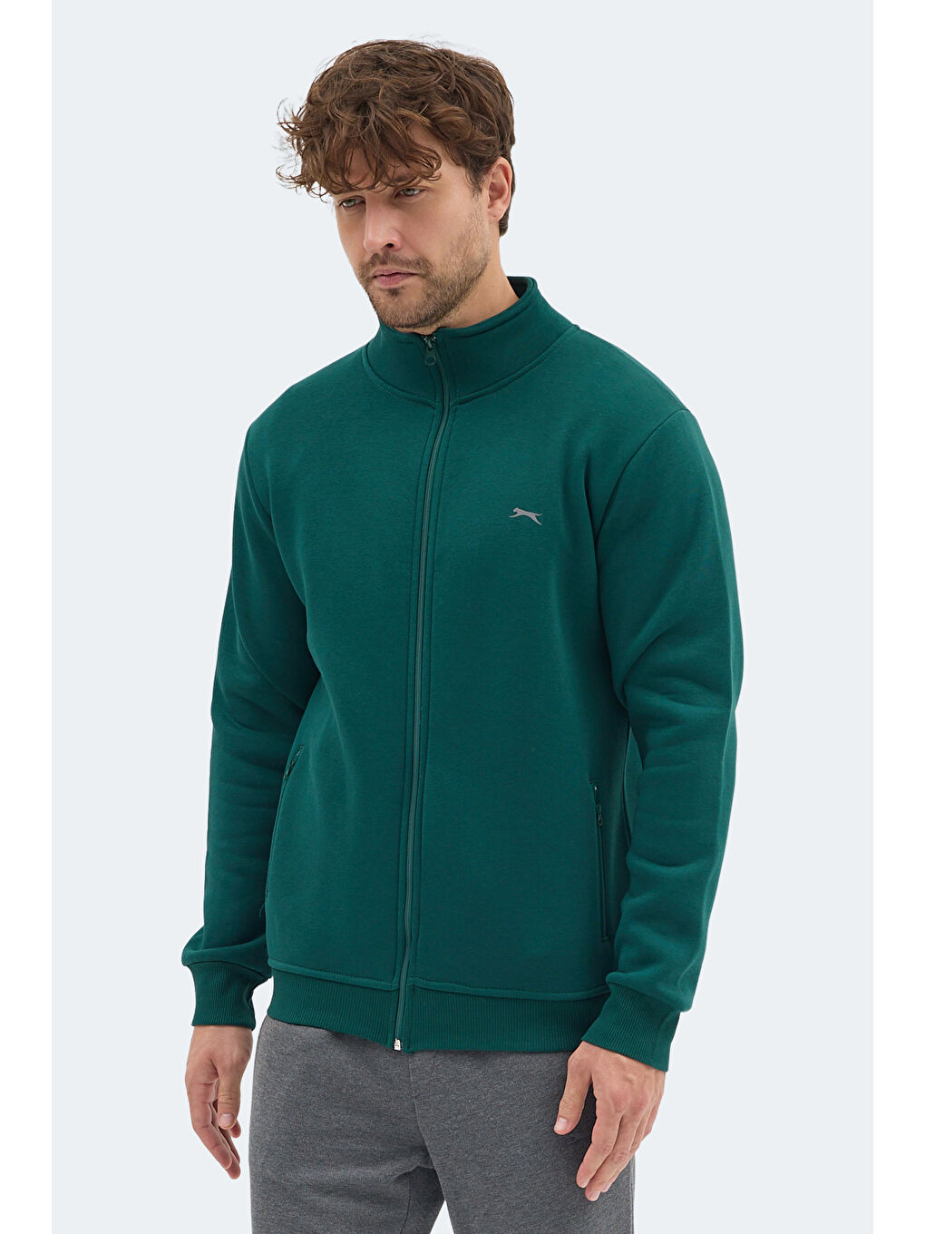 MENDOZA I Erkek Fermuarlı Dik Yaka Cepli Koyu Yeşil Sweatshırt-2