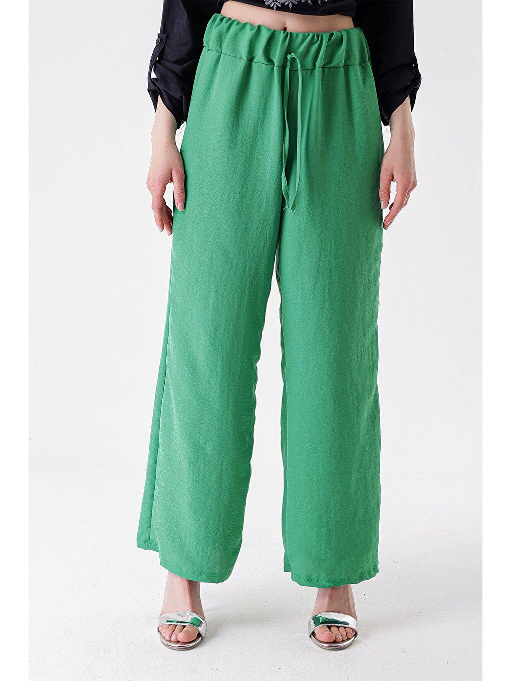 Yeşil Beli Lastikli Palazzo Ayrobin Pantolon-3
