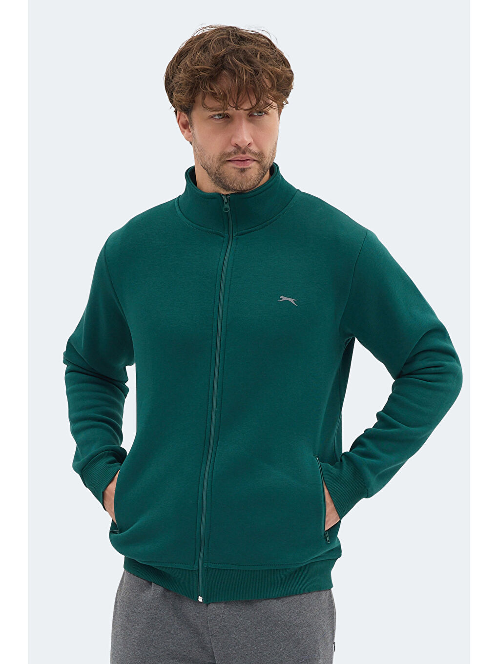 MENDOZA I Erkek Fermuarlı Dik Yaka Cepli Koyu Yeşil Sweatshırt-4