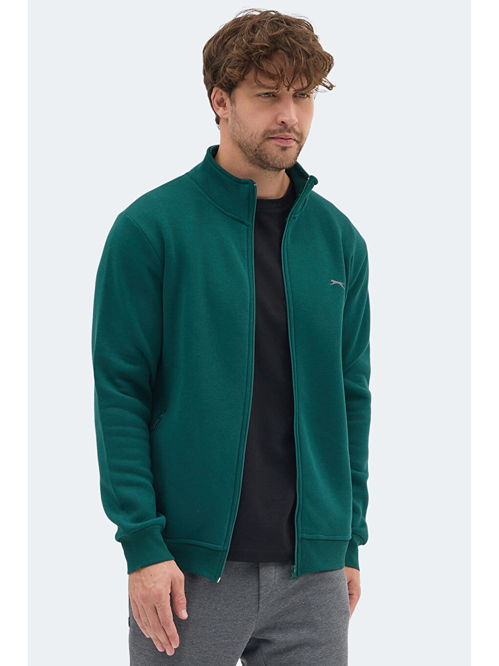 MENDOZA I Erkek Fermuarlı Dik Yaka Cepli Koyu Yeşil Sweatshırt-5