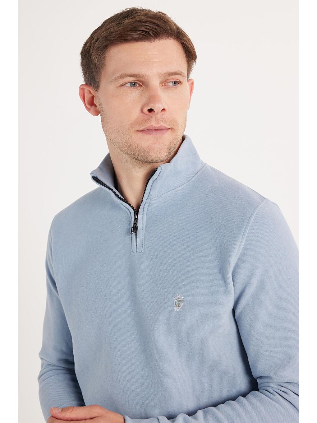 Erkek Slim Fit Dar Kesim Pamuklu Selanik Kumaş Yarım Fermuarlı Mavi Dik Yaka Sweatshirt
