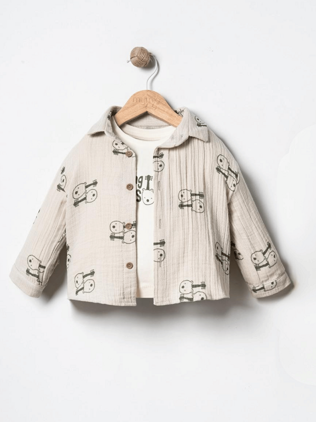 Yeşil Müslin Gömlek Pantolon Uzun Kollu Tişört Erkek Bebek 3'lü Takım-1