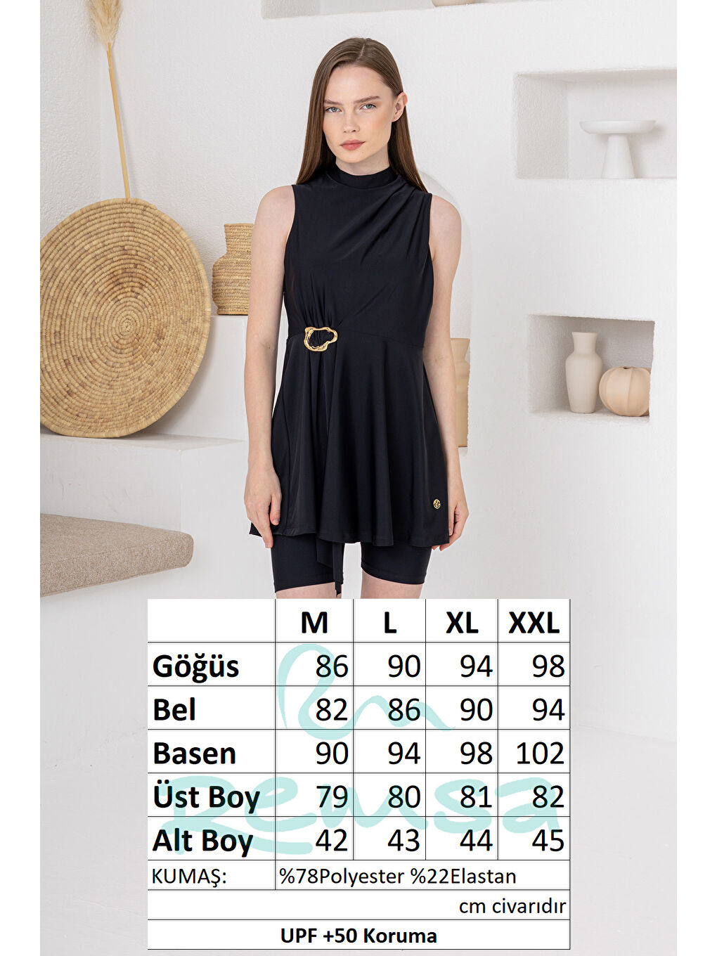 UV Korumalı Aksesuar Detay Elastanlı Sıfır Kol Şortlu Yarı Kapalı Mayo 1627 Siyah01-4