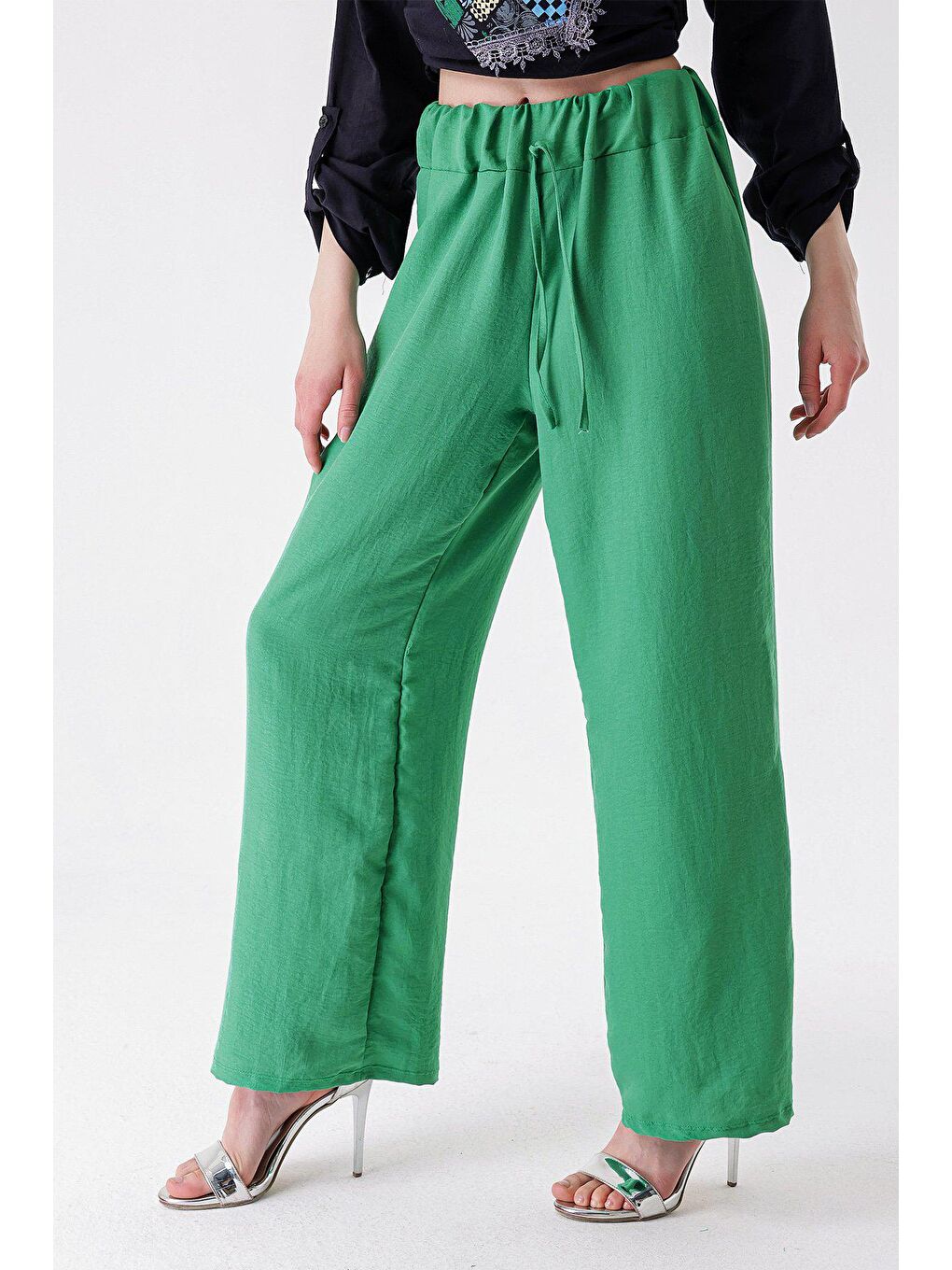 Yeşil Beli Lastikli Palazzo Ayrobin Pantolon-4