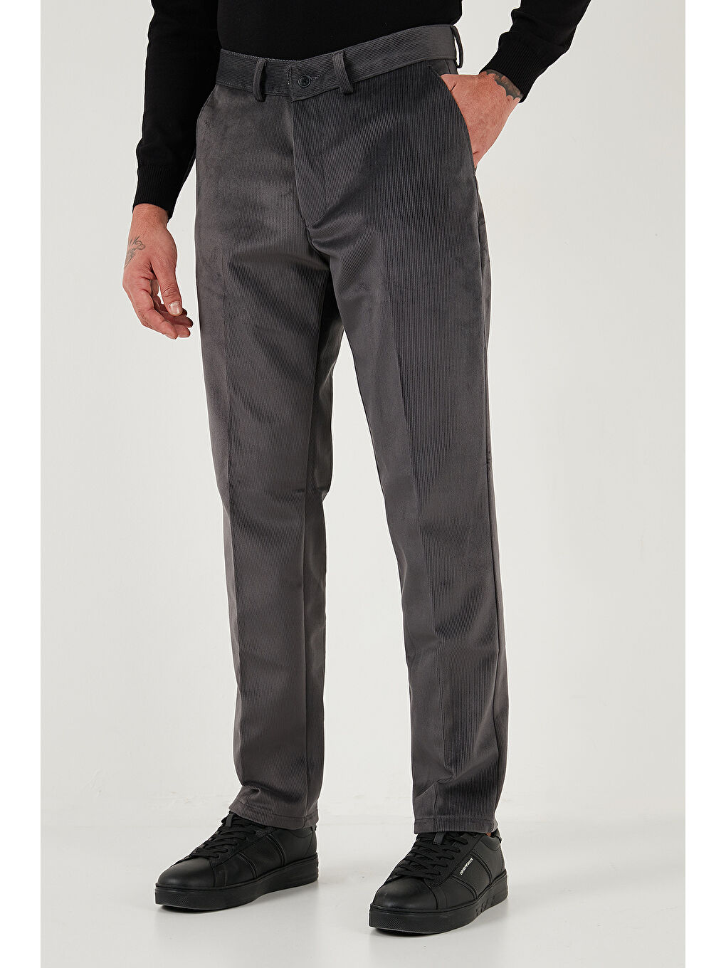 Antrasit Normal Bel Regular Fit Düz Paça 2'li Paket Kadife Pantolon 645MERLINS2-1