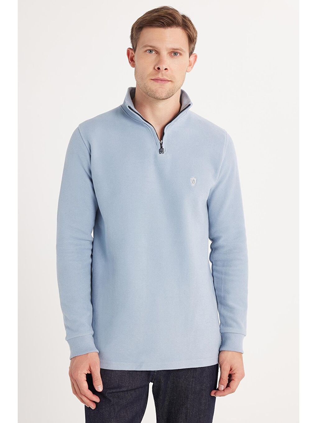 Erkek Slim Fit Dar Kesim Pamuklu Selanik Kumaş Yarım Fermuarlı Mavi Dik Yaka Sweatshirt-3