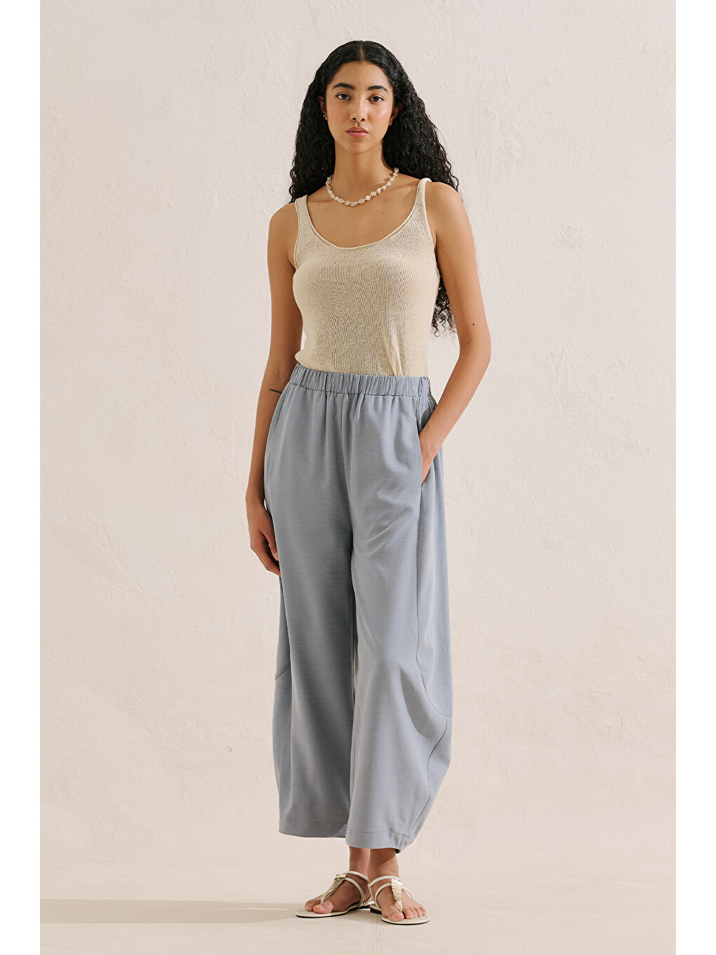 Keten Karışımlı Şalvar Pantolon Mavi-3