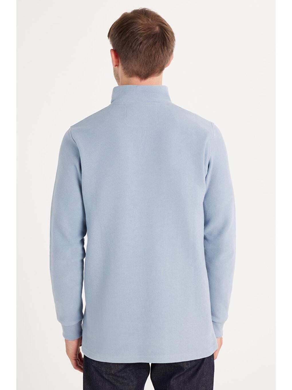 Erkek Slim Fit Dar Kesim Pamuklu Selanik Kumaş Yarım Fermuarlı Mavi Dik Yaka Sweatshirt-4