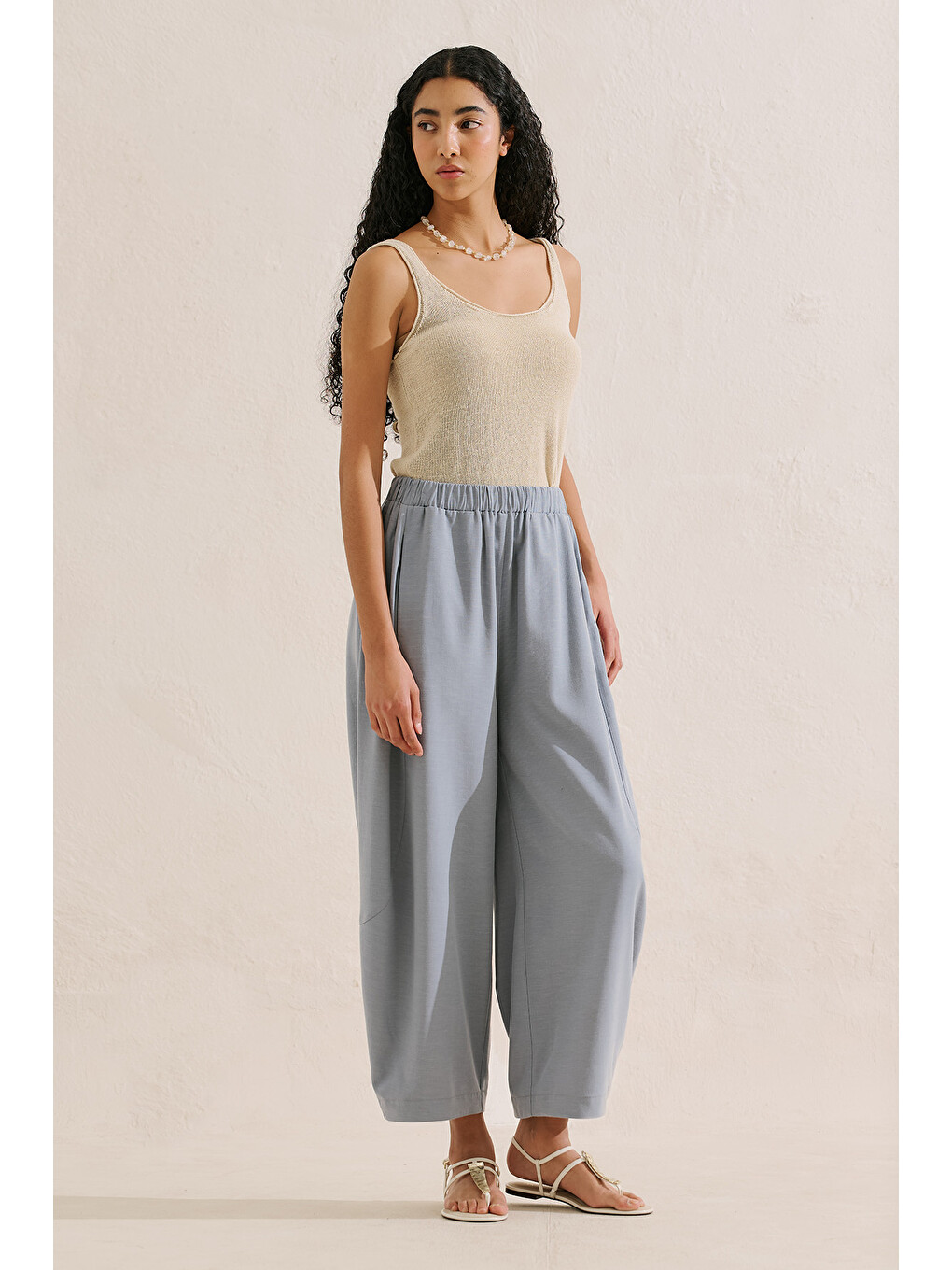 Keten Karışımlı Şalvar Pantolon Mavi-4