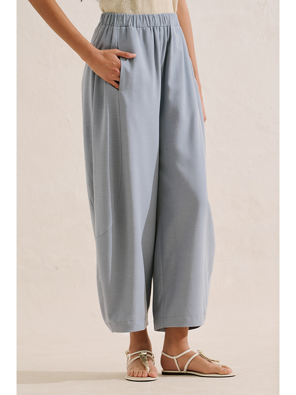 Keten Karışımlı Şalvar Pantolon Mavi-5