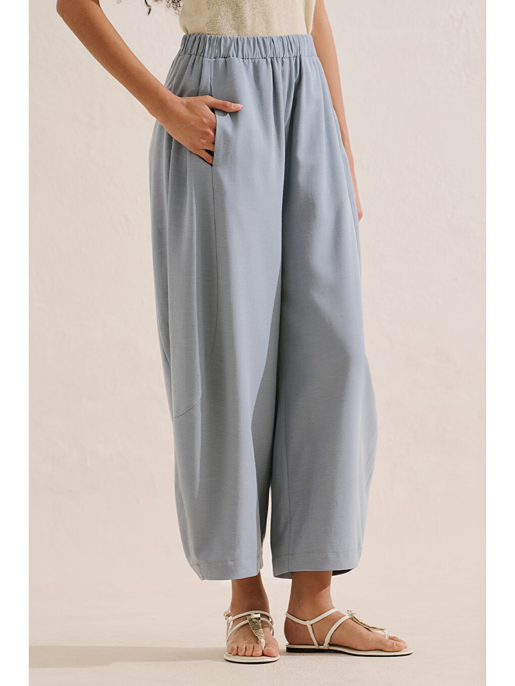 Keten Karışımlı Şalvar Pantolon Mavi-6