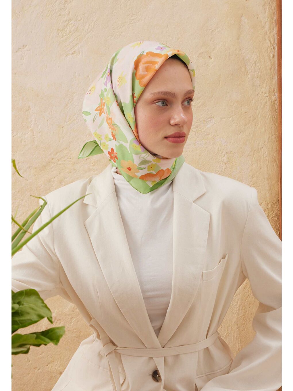 Sprıng Rose Desen Pamuk İpek Eşarp Yeşil-1