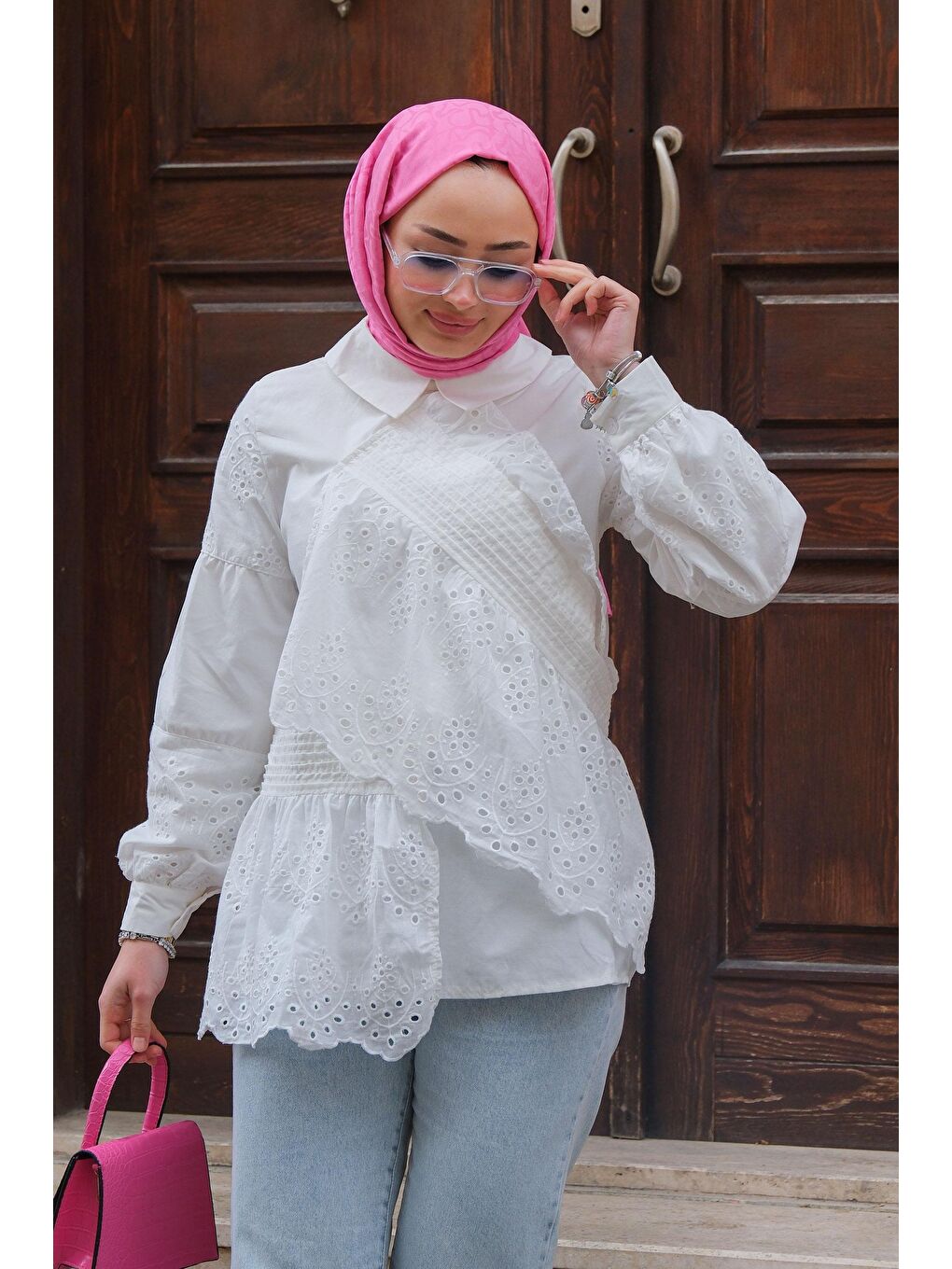 Brode Dantel Detaylı Gömlek Beyaz-2