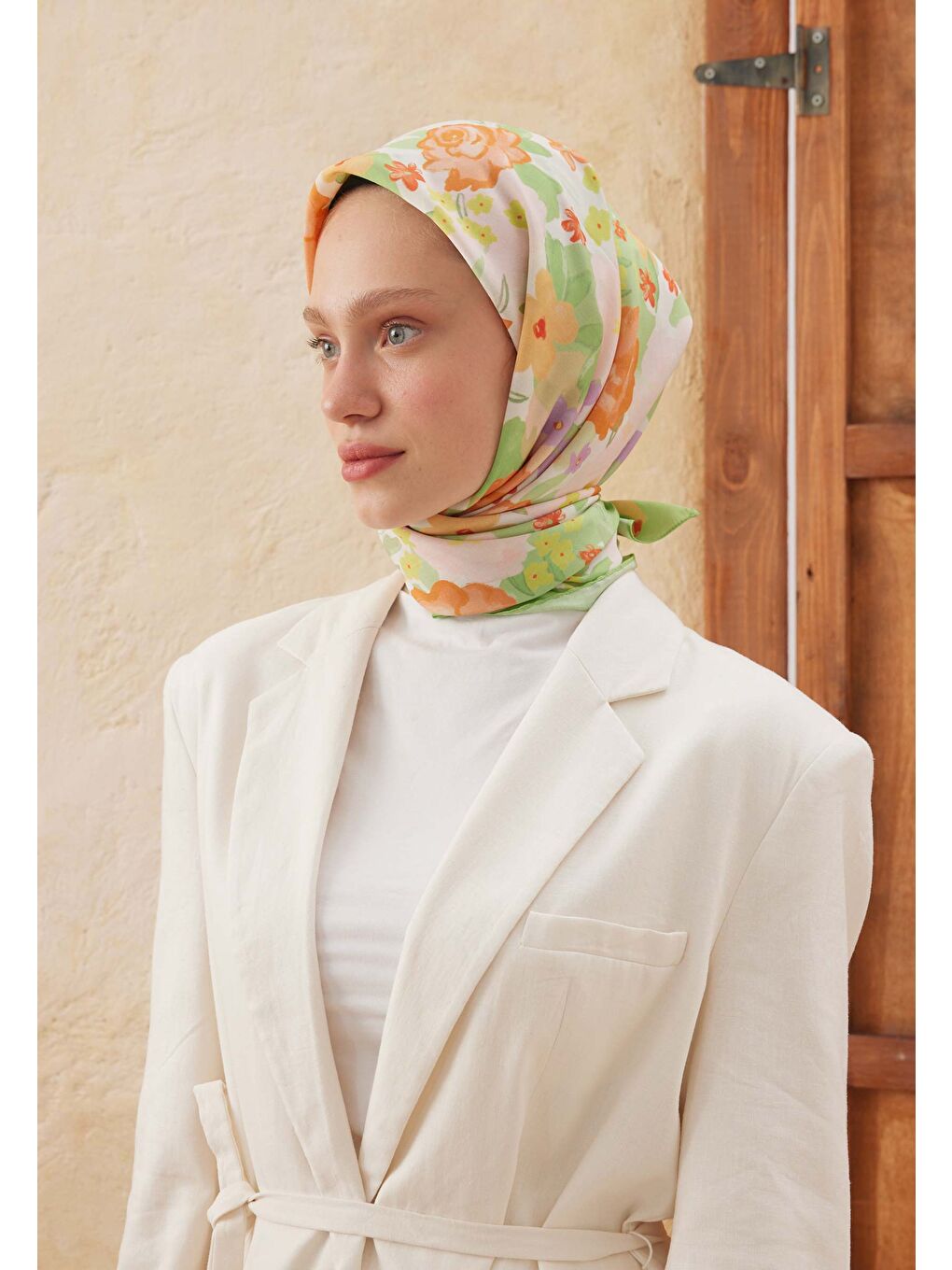 Sprıng Rose Desen Pamuk İpek Eşarp Yeşil-2