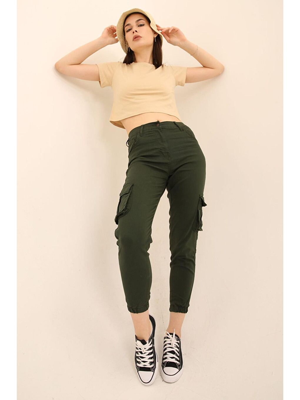 Yeşil Jogger Rahat Kalıp Paça Lastikli Kargo Cepli Gabardin Kadın Pantolon-7