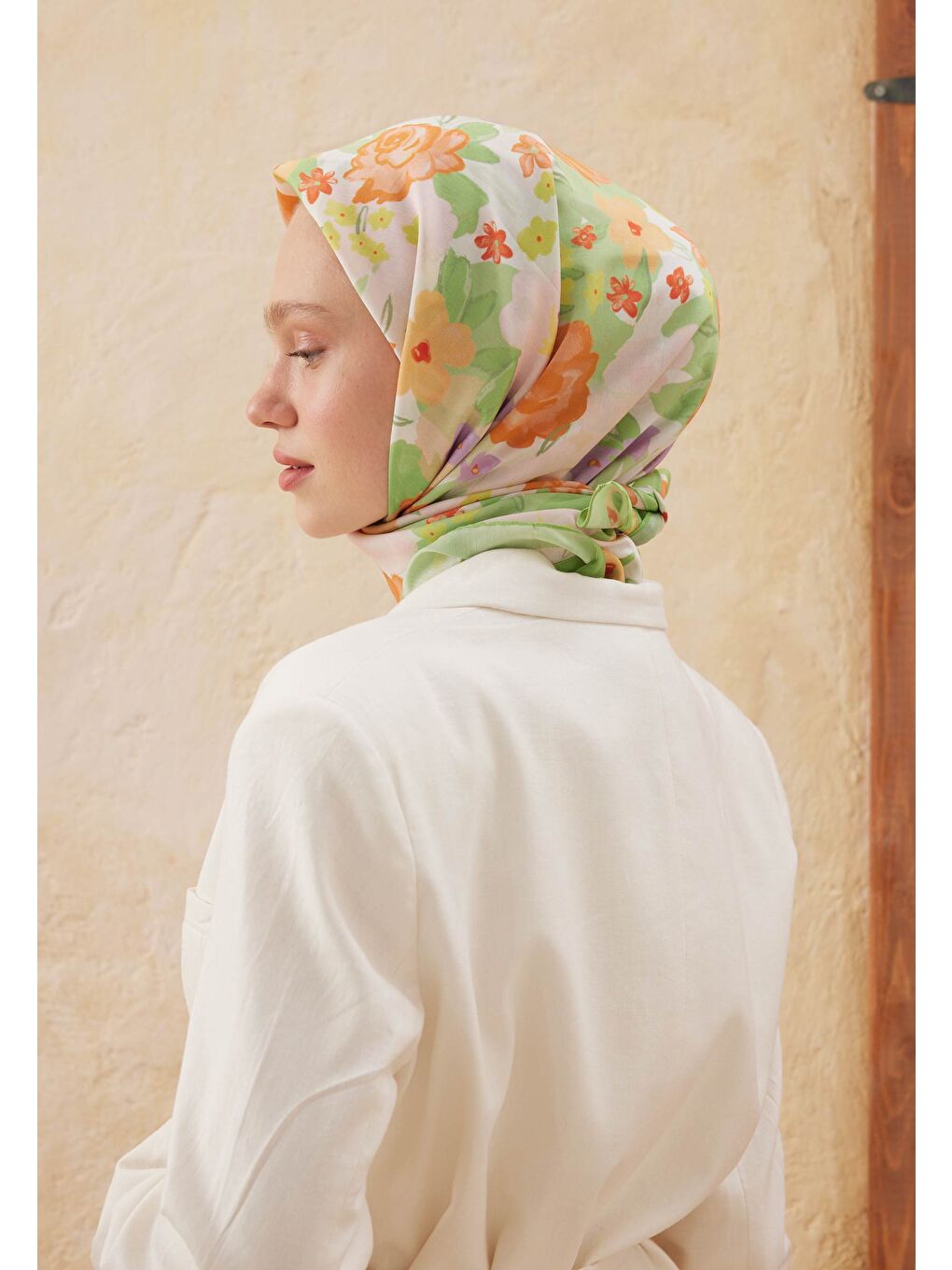 Sprıng Rose Desen Pamuk İpek Eşarp Yeşil-3