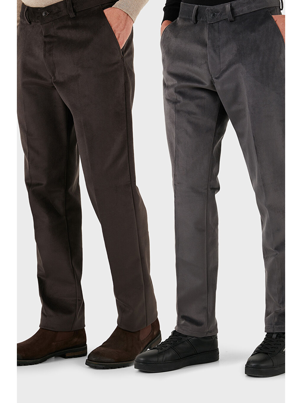 Gri Normal Bel Regular Fit Düz Paça 2'li Paket Kadife Pantolon 645MERLINS2