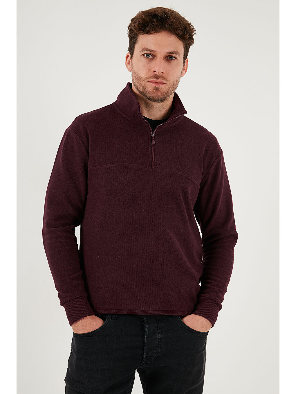 Gri Pamuklu Regular Fit Yarım Fermuarlı Dik Yaka 2'li Paket Kazak 456112S2-2