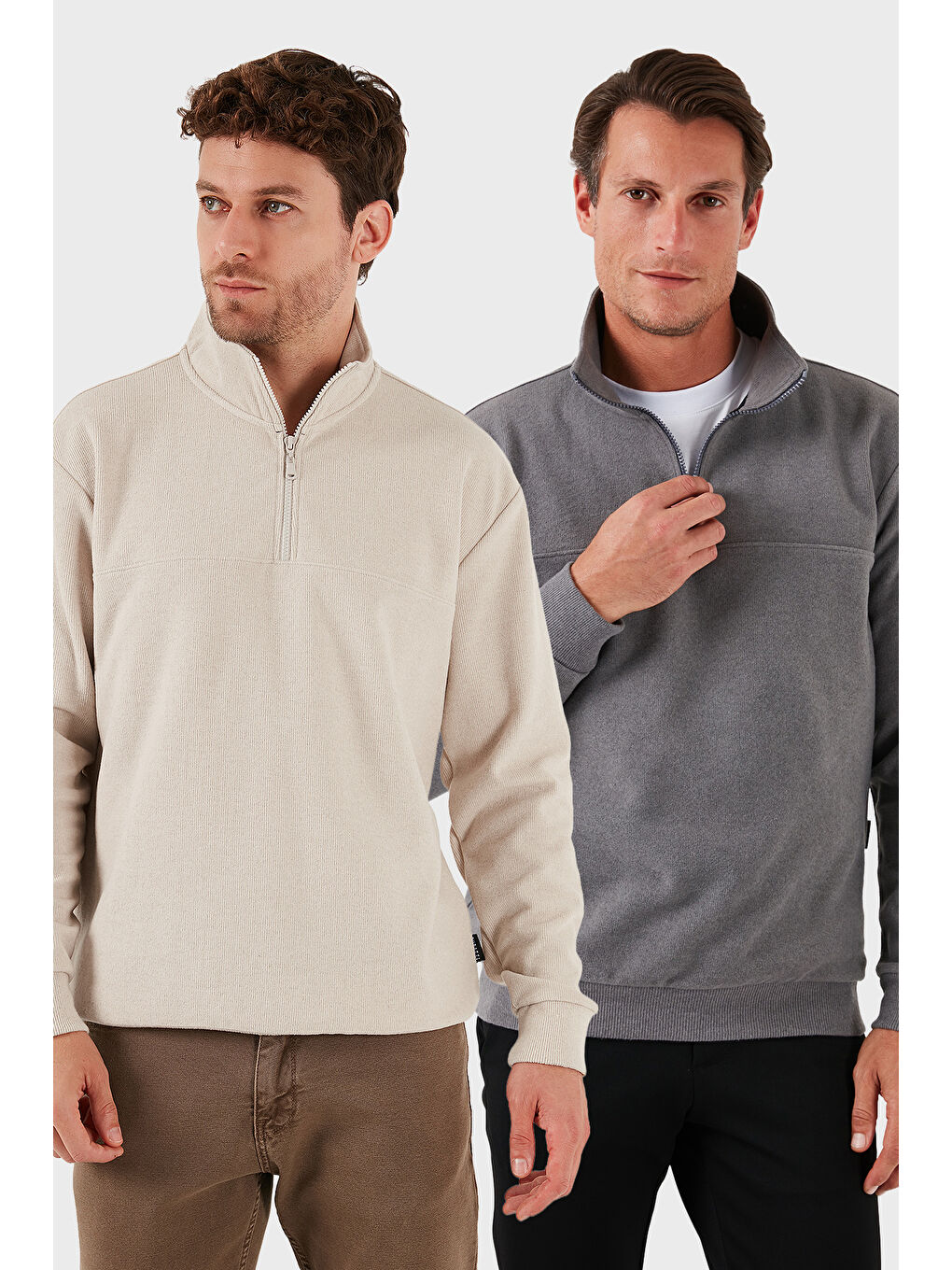 Bej Pamuklu Regular Fit Yarım Fermuarlı Dik Yaka 2'li Paket Kazak 456112S2